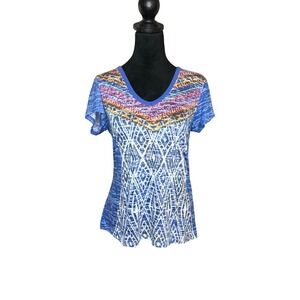 Prana Short Sleeve Cusco Tribal Geometric Burnout‎ Tee Women's Blue Medium